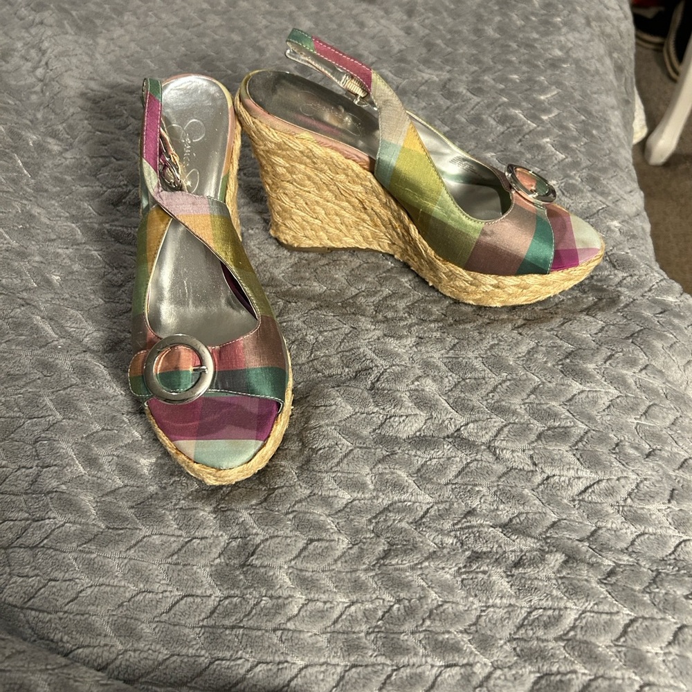 Jessica Simpson rainbow Plaid Wedge Sandals 8